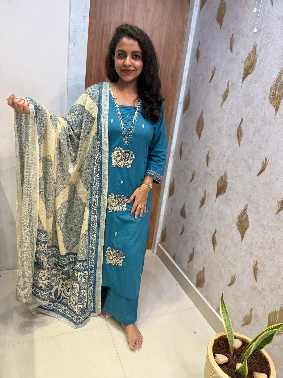 Elephant Embroidered Pure Cotton Kurti With Pant Printed Dupatta - HSC1184