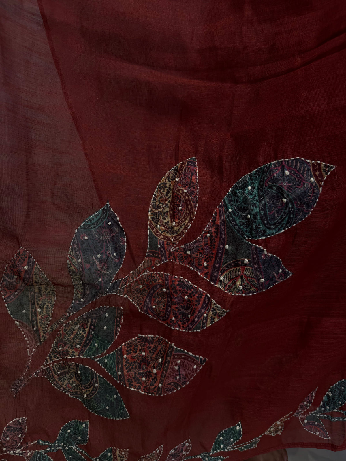 Marron Tissue Linen Katha Hand Embroidery Kurti With Pant and Dupatta -HSC1317