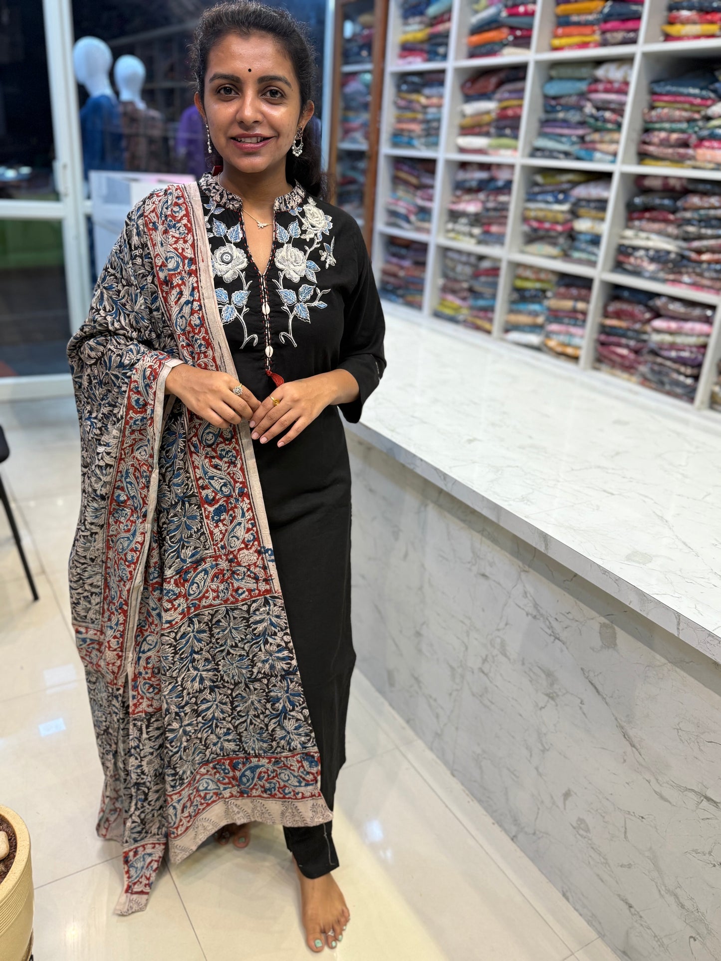 Black Kalamakari Pure Cotton Kurti with Pant and Dupatta