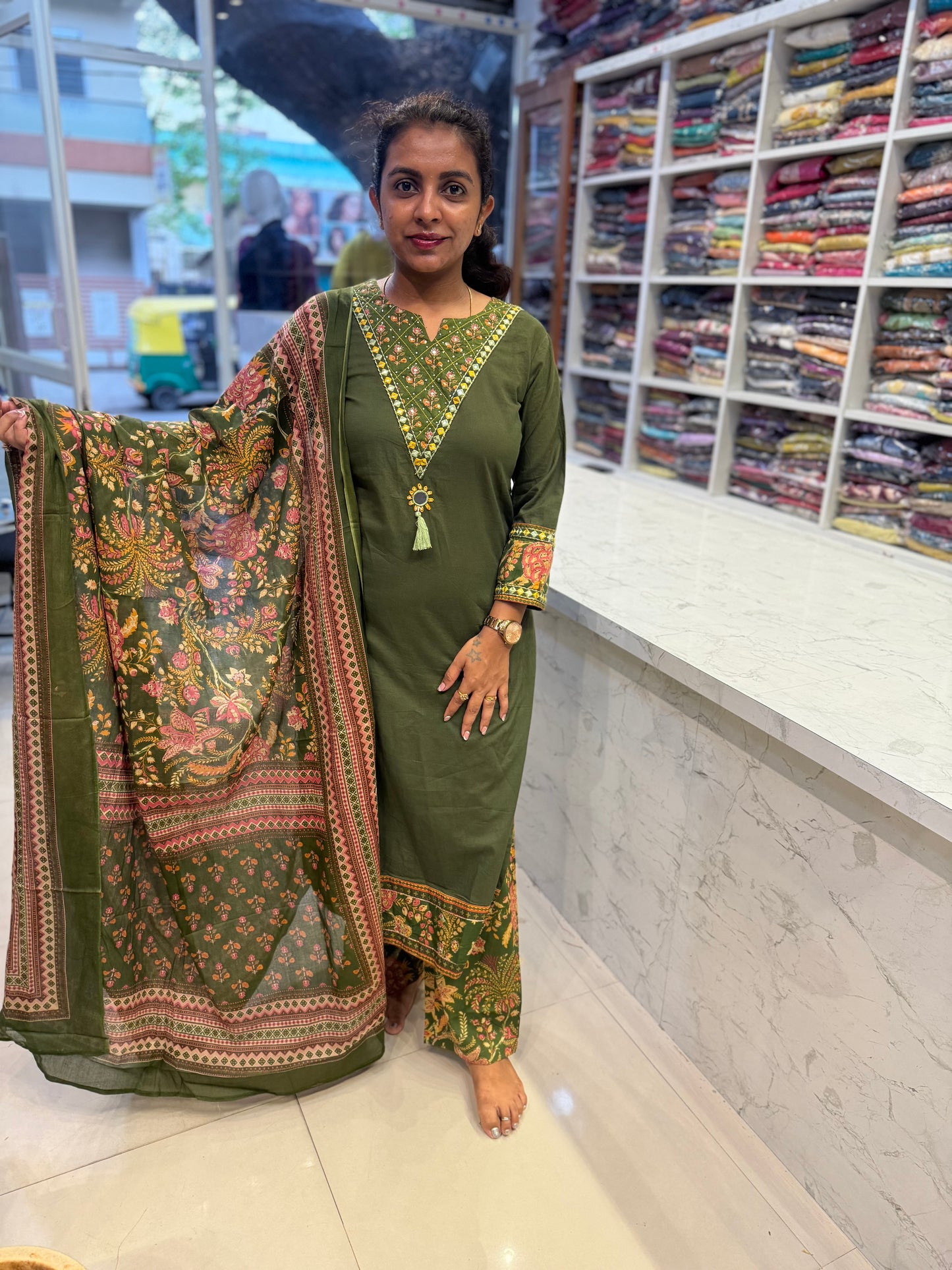 Green Pure Cotton Printed Pant With Kurti with Dupatta-HSC127