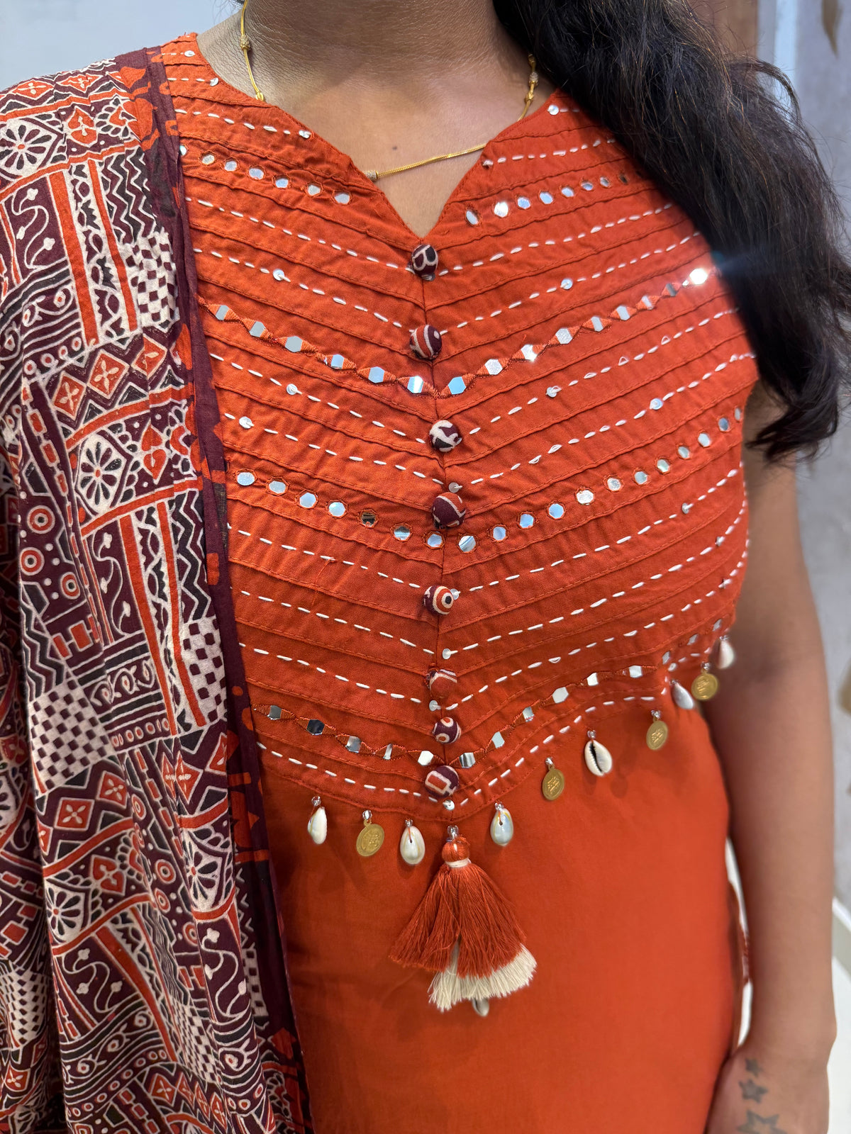 Rust Orange Embroidery Kurti With Pant and  Printed Dupatta -HSC1263