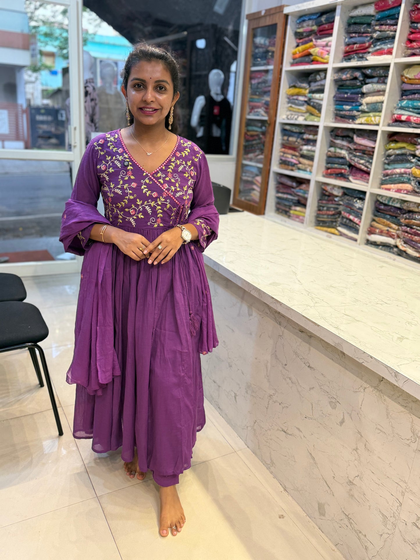 Purple Mul Cotton Anarkali Kurti with pant and Dupatta