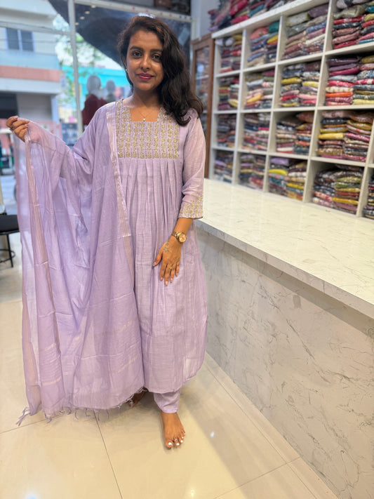 Pure Banasari Mul Chanderi Hand Embroidery Kurti With Pant and Dupatta-HSC188