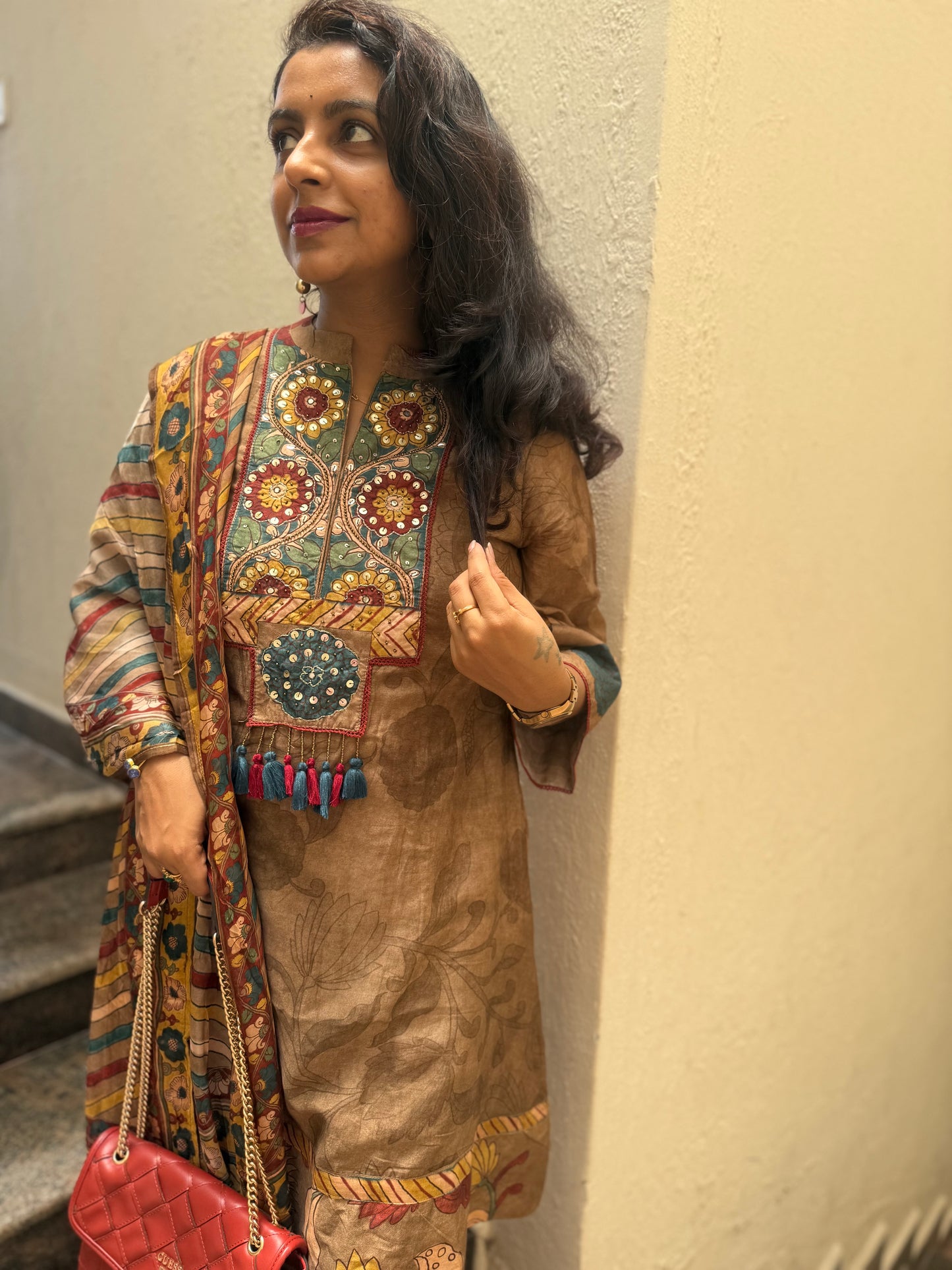 Pure Muslin Floral Printed Kurti With Pant and Dupatta