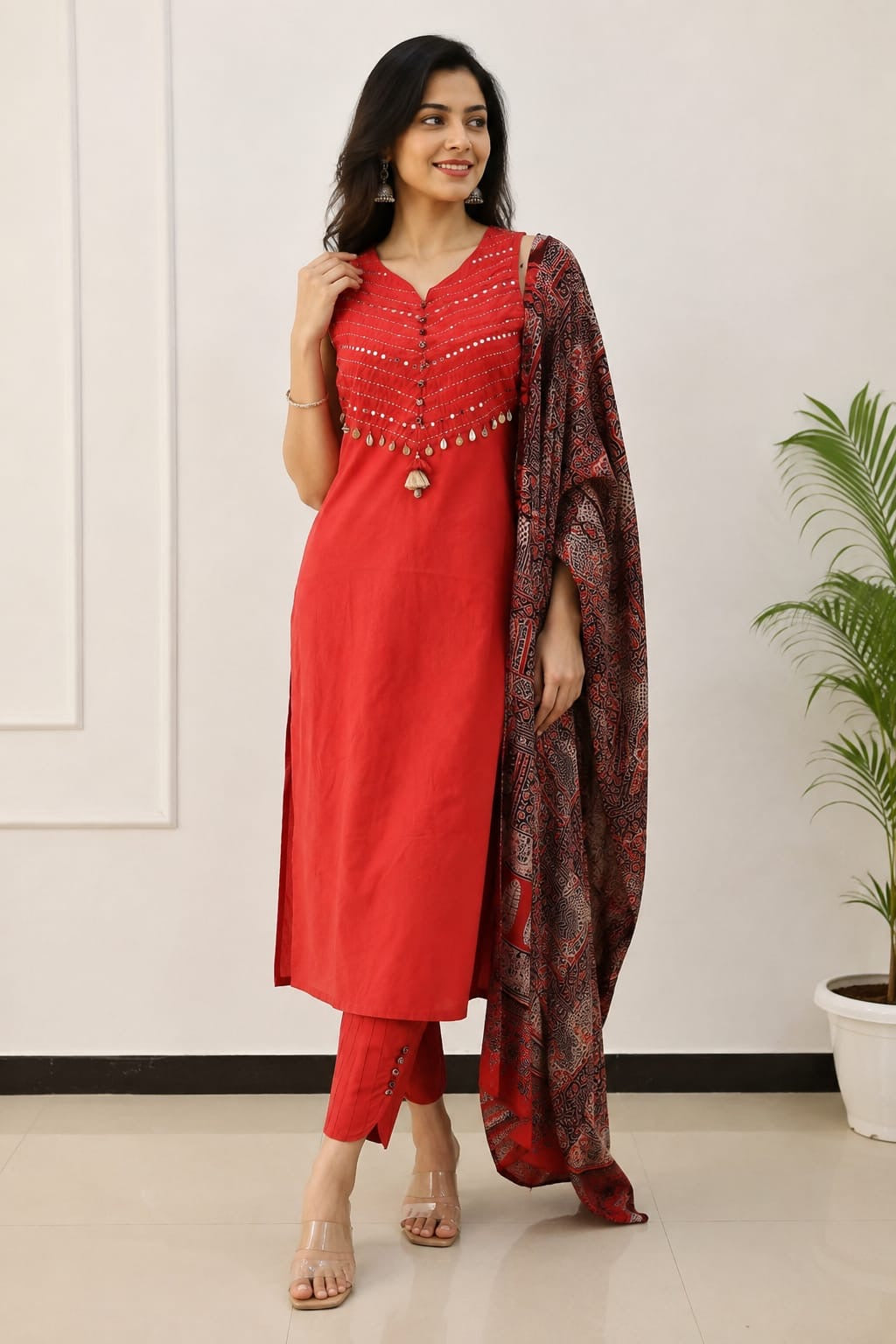 Rust Orange Embroidery Kurti With Pant and  Printed Dupatta -HSC1263