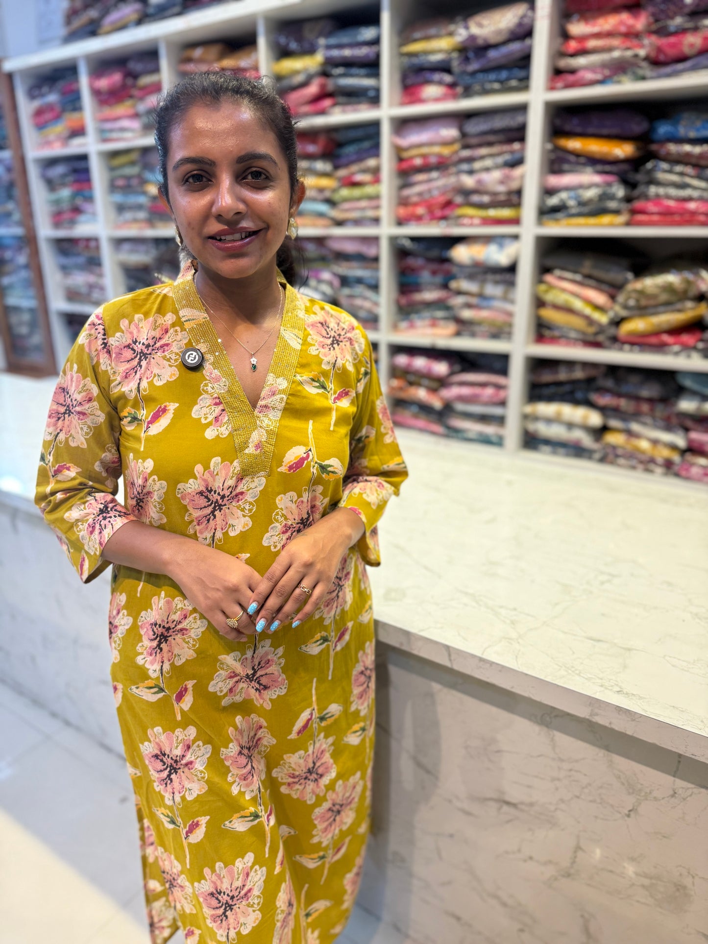 Green V-neck Cotton Kurti