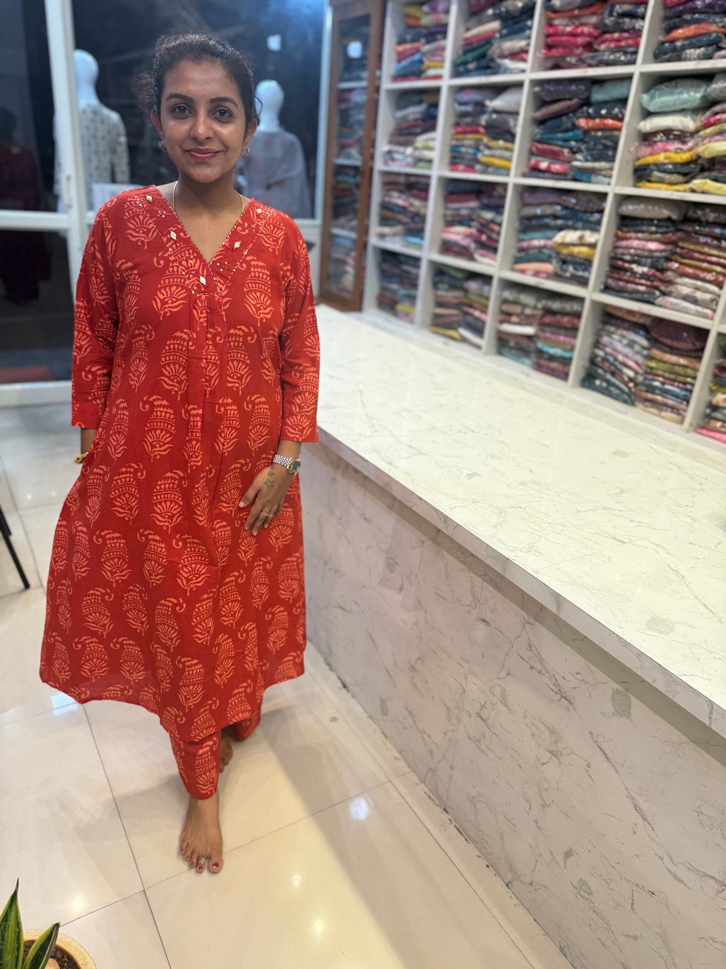 Red Pure Cotton A-line Co-ords Kurti and Pant