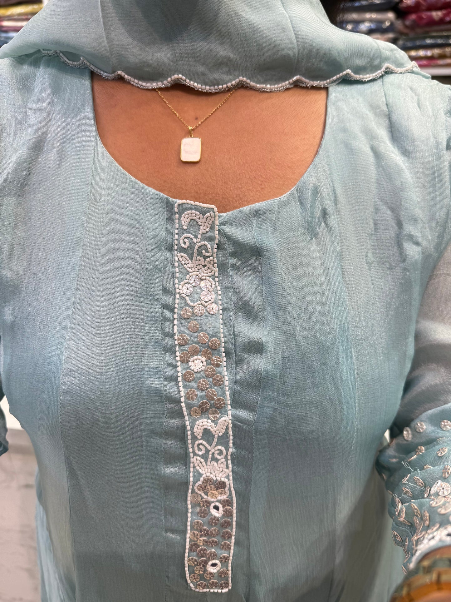 Ice Blue Pure Chinnon Anarkali with Pant and Dupatta-HSC134