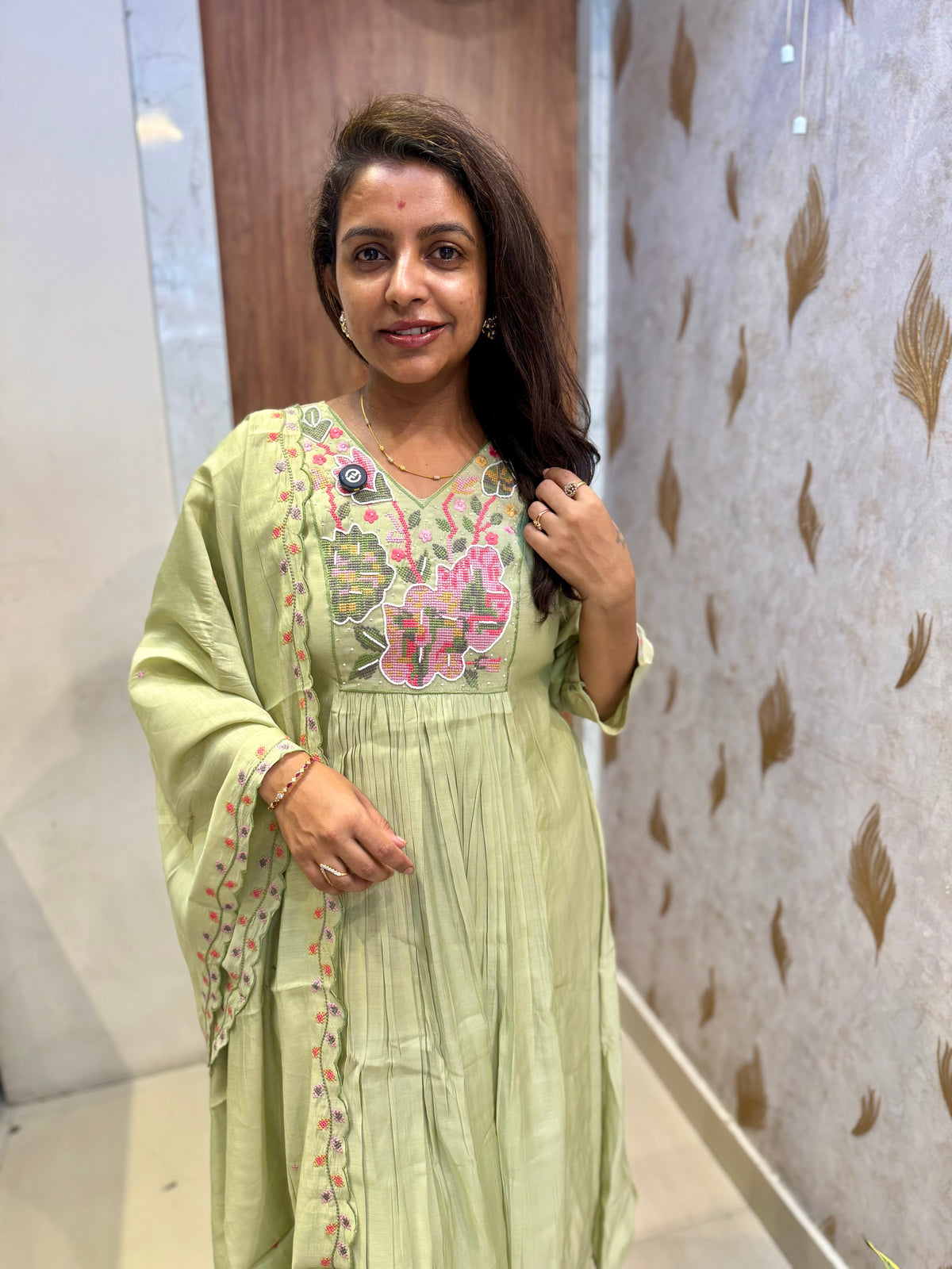 Pista Green Pure Silk Hand Embroidery Kurti With Pant and Dupatta - HSC1181