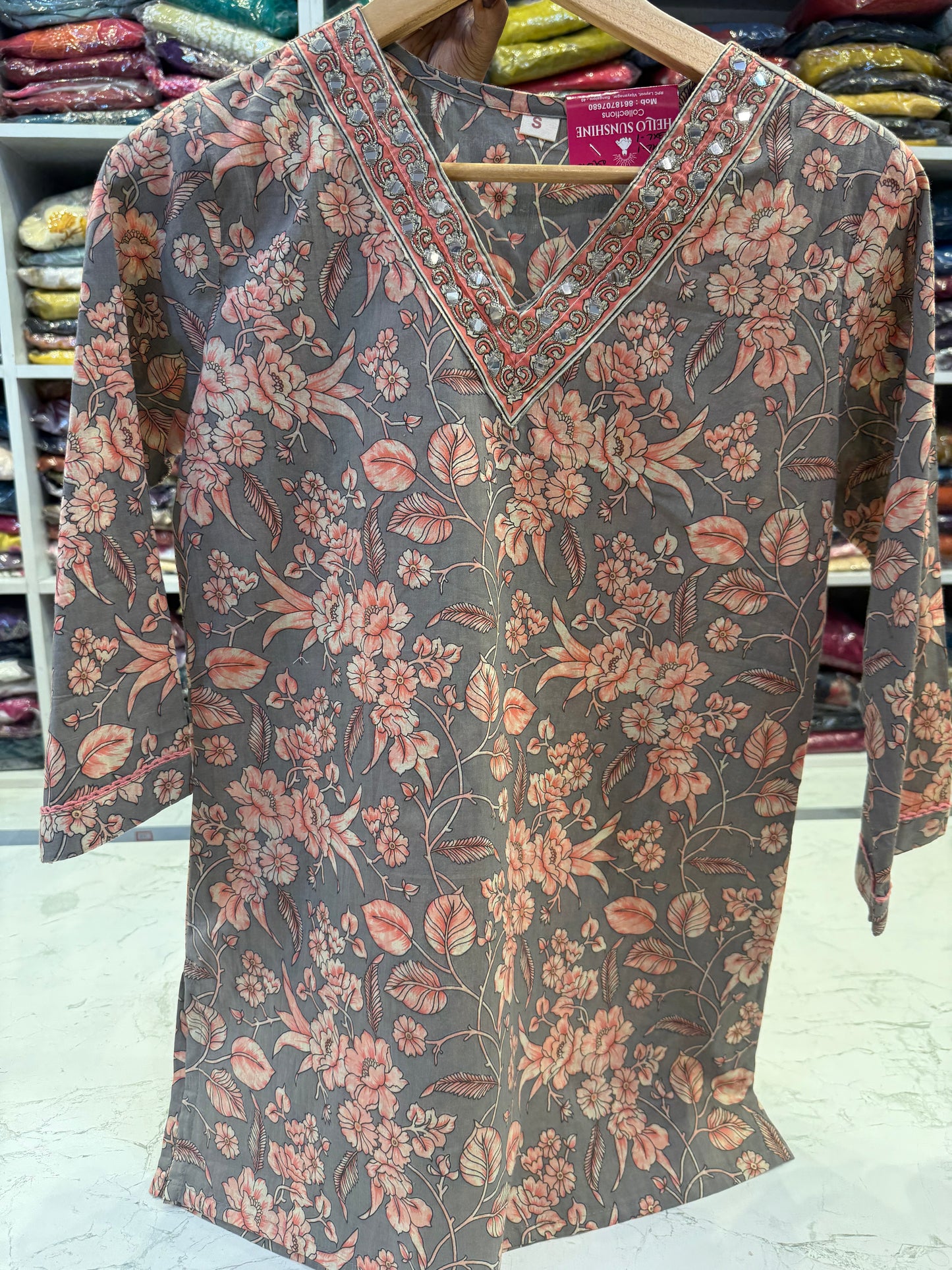 Grey Floral Cotton Tunic Top