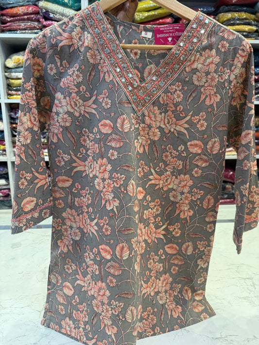 Grey Floral Cotton Tunic Top