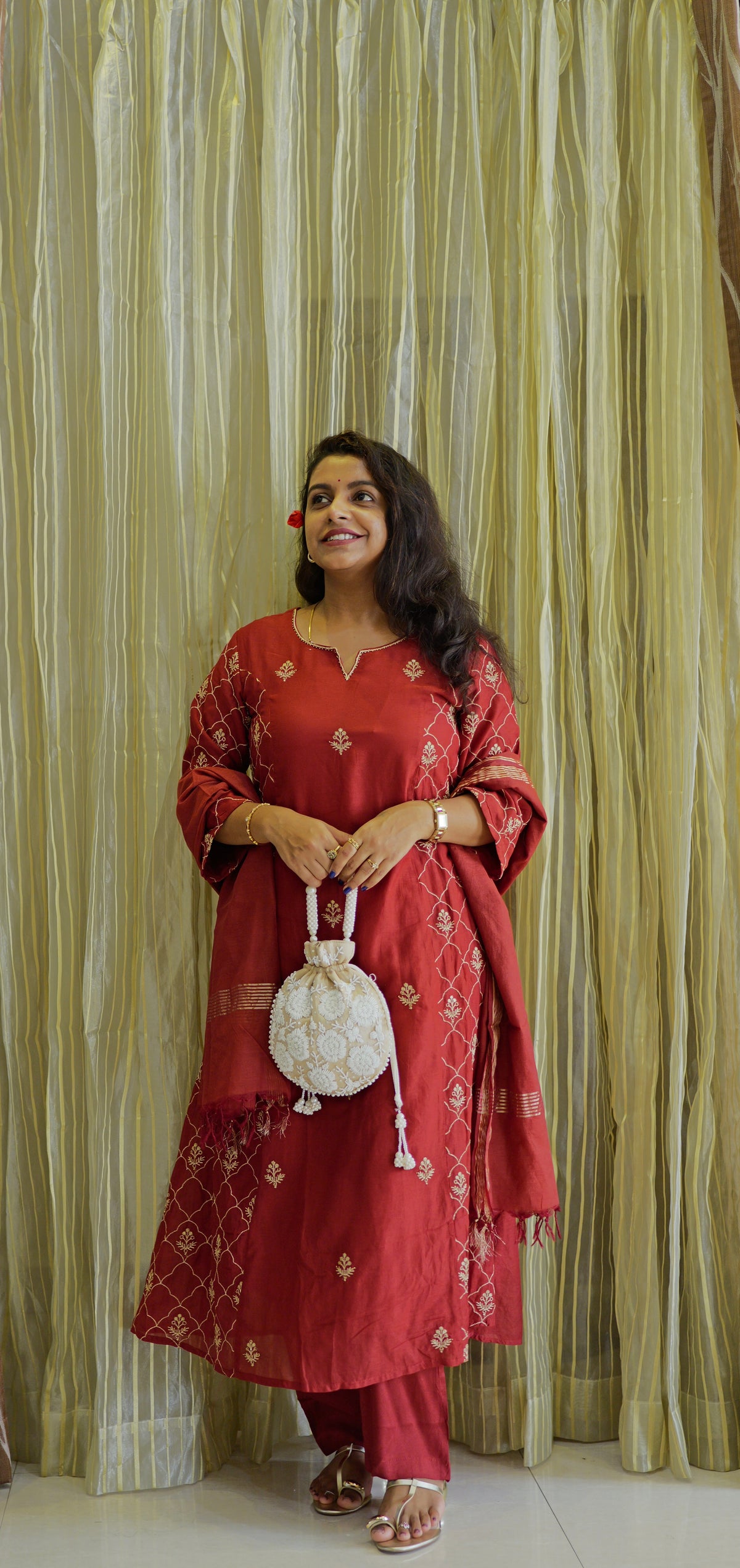 Red Pure Silk Kurti With Pant and Dupatta -HSC1255