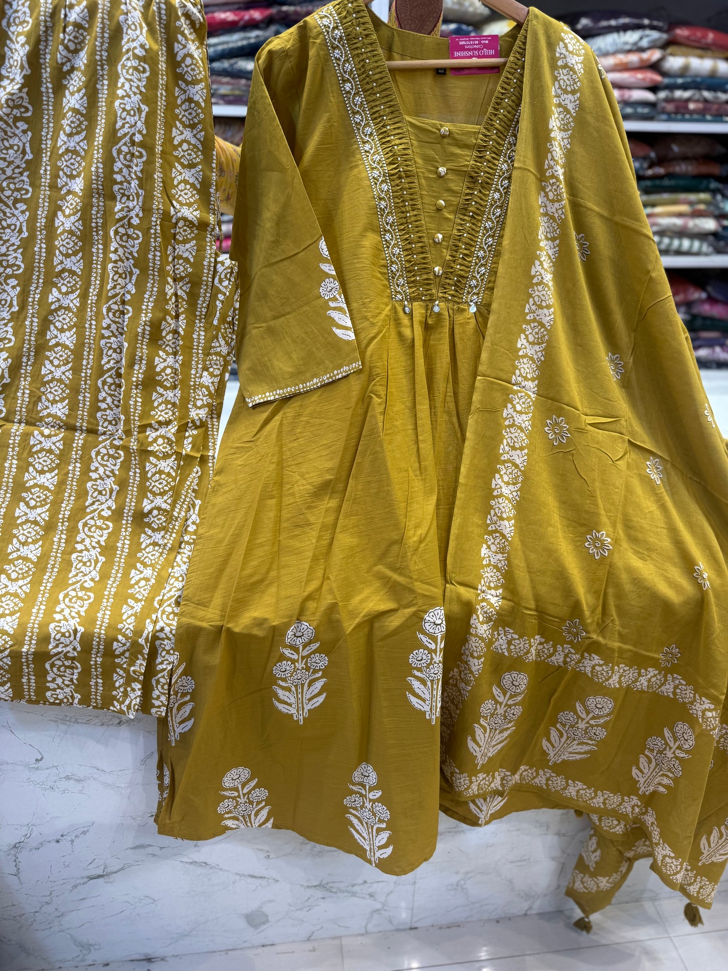 Mustard Embroidery Pure Cotton Kurti With Pant and Dupatta - HSC1147
