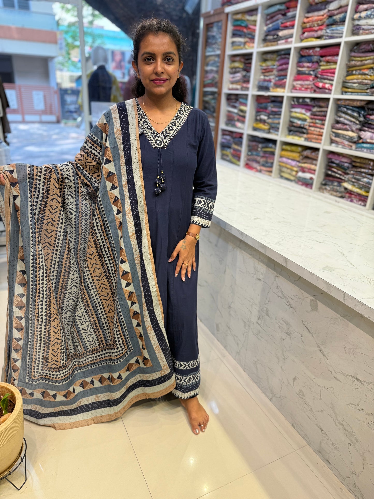 Blue Anarkali Pure Cotton A-line Kurti With Pant and Printed Dupatta-HSC129