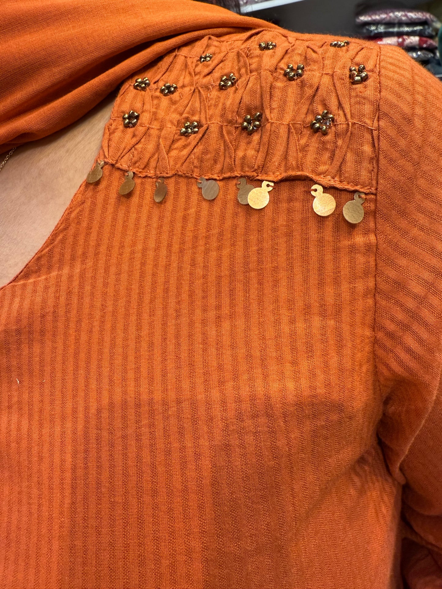 Rust Orange Two Pockets Hand Embroidery Pure Cotton Silly Kurti With Pant and Dupatta-HSC56