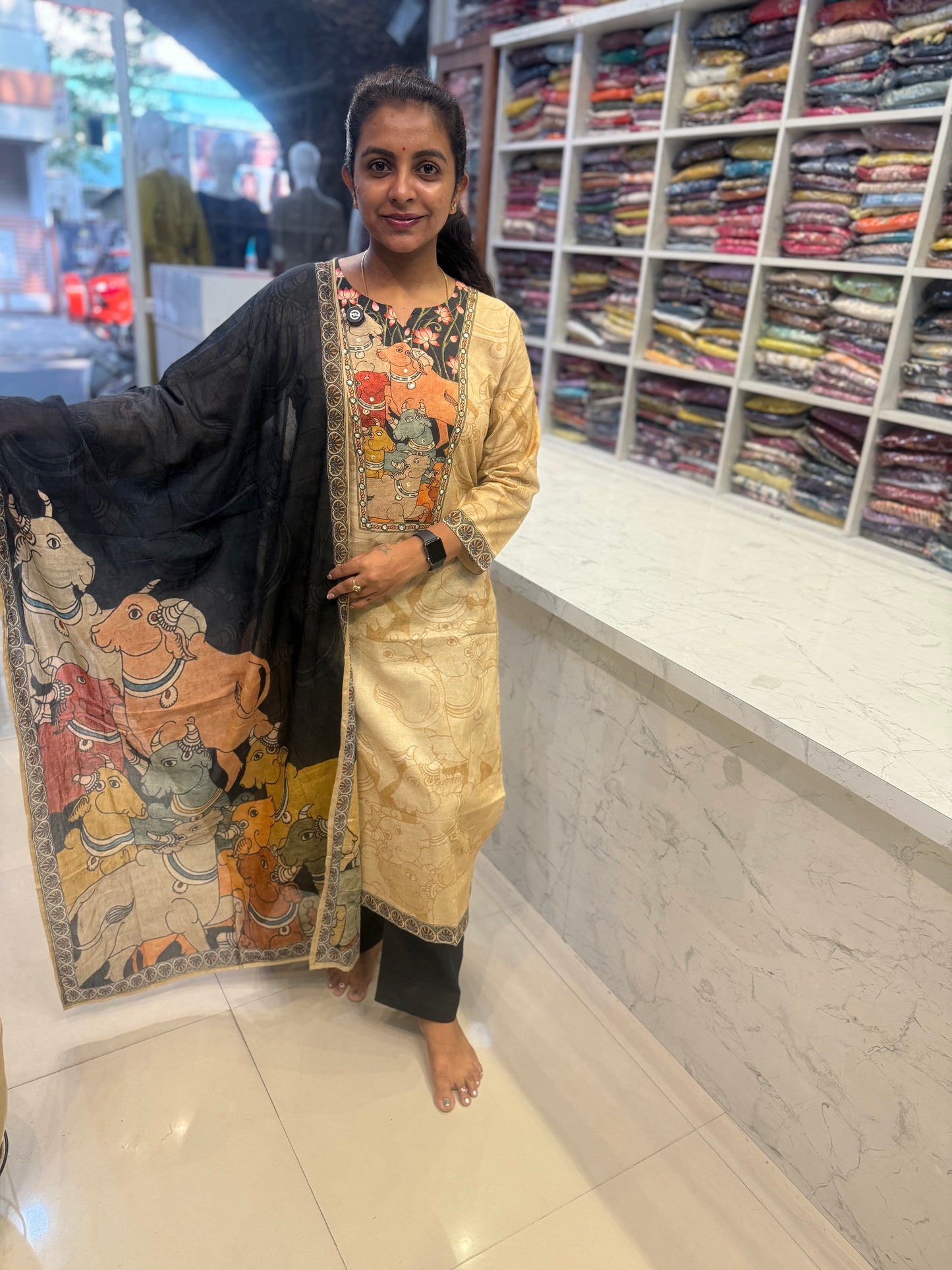 Pichwai Printed Cotton Kurti With Pant and Dupatta-HSC114