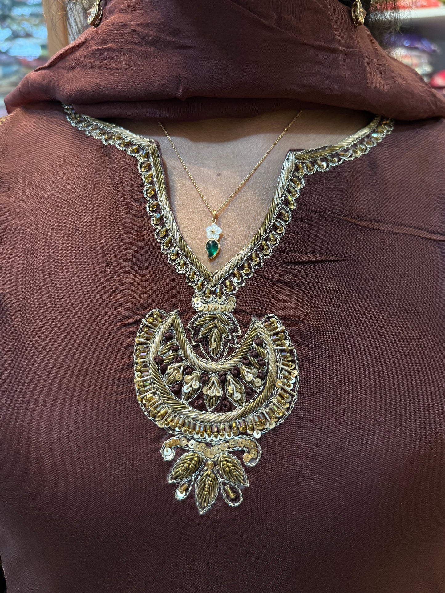 Brown Pure Banarasi Mul-Chanderi A-line Kurti With Pant and Dupatta