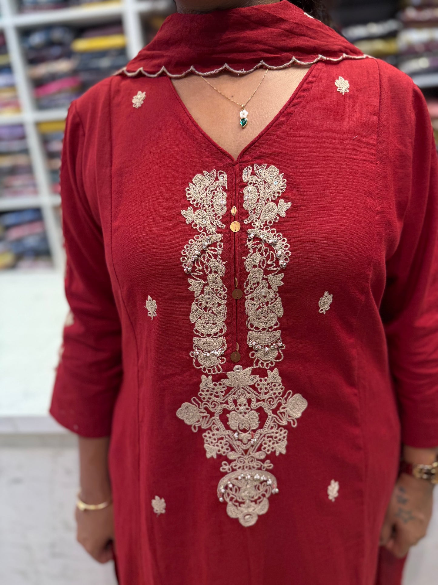 Marron Pure Cotton Flex Hand Embroidery Kurti With Pant and Dupatta-HSC156