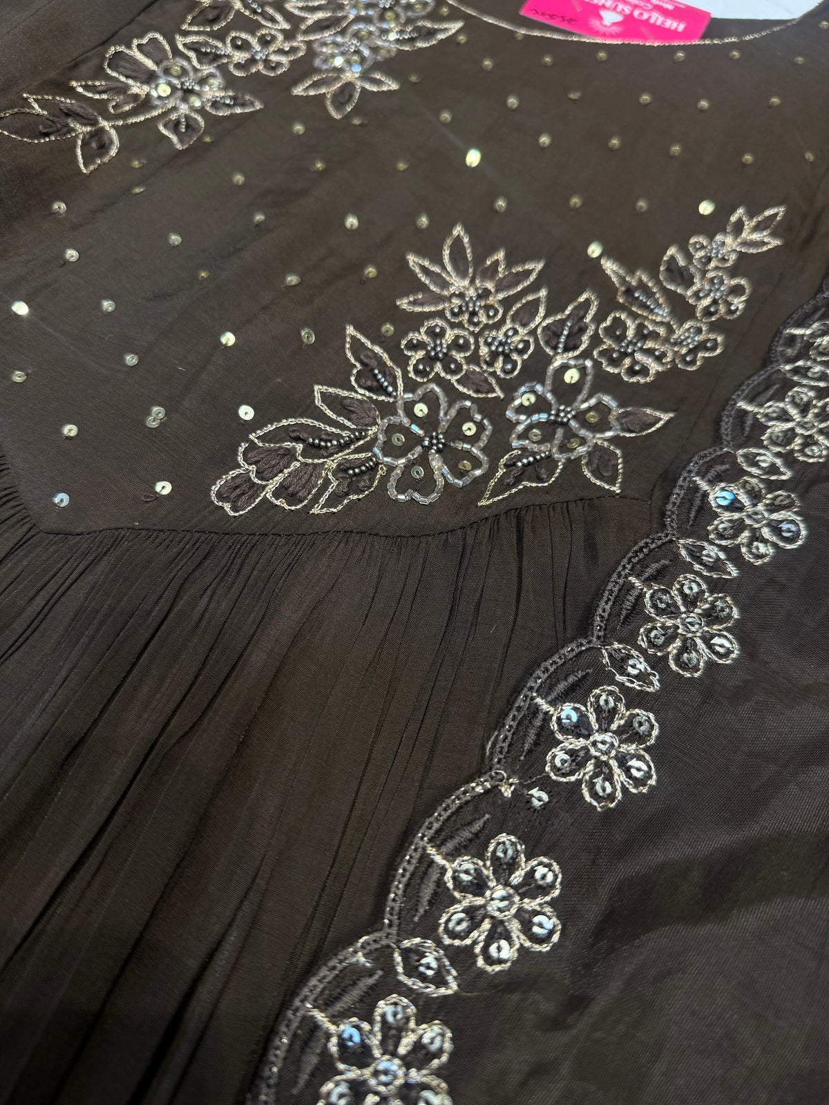 Brown Hand Embroidered A-line Kurti With Pant and Scallop cut Dupatta -HSC1205