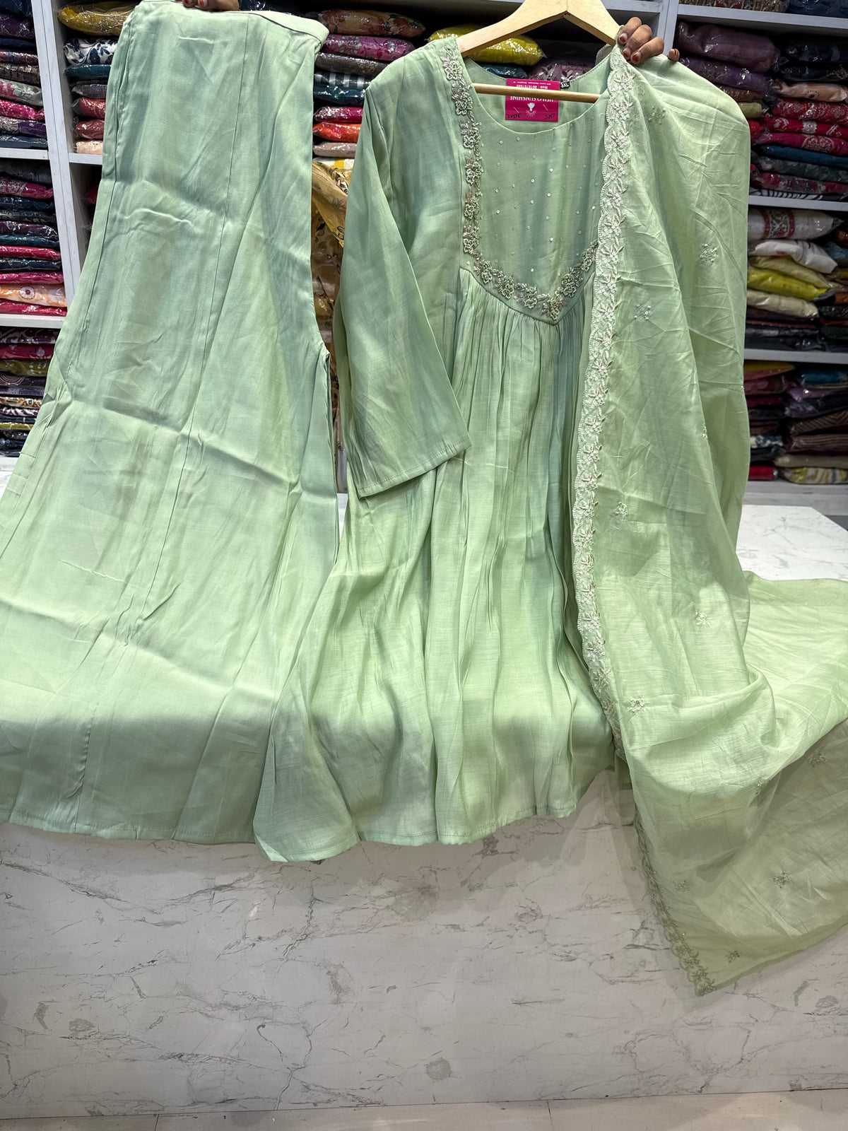 Pista Green Hand Embroidered A-line Kurti with Divider Cut Pant with Dupatta -HSC1205