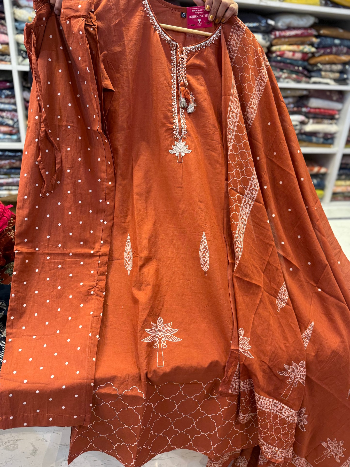 Polka Dot Printed Pure Cotton Kurti With Pant and Dupatta