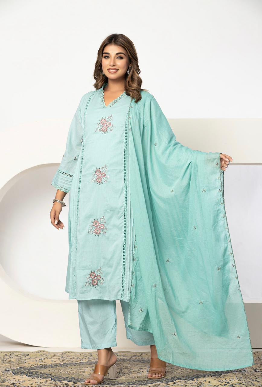 Sky Blue Lace Embroidery Pure Cotton Kurti With Pant and Dupatta -HSC1299