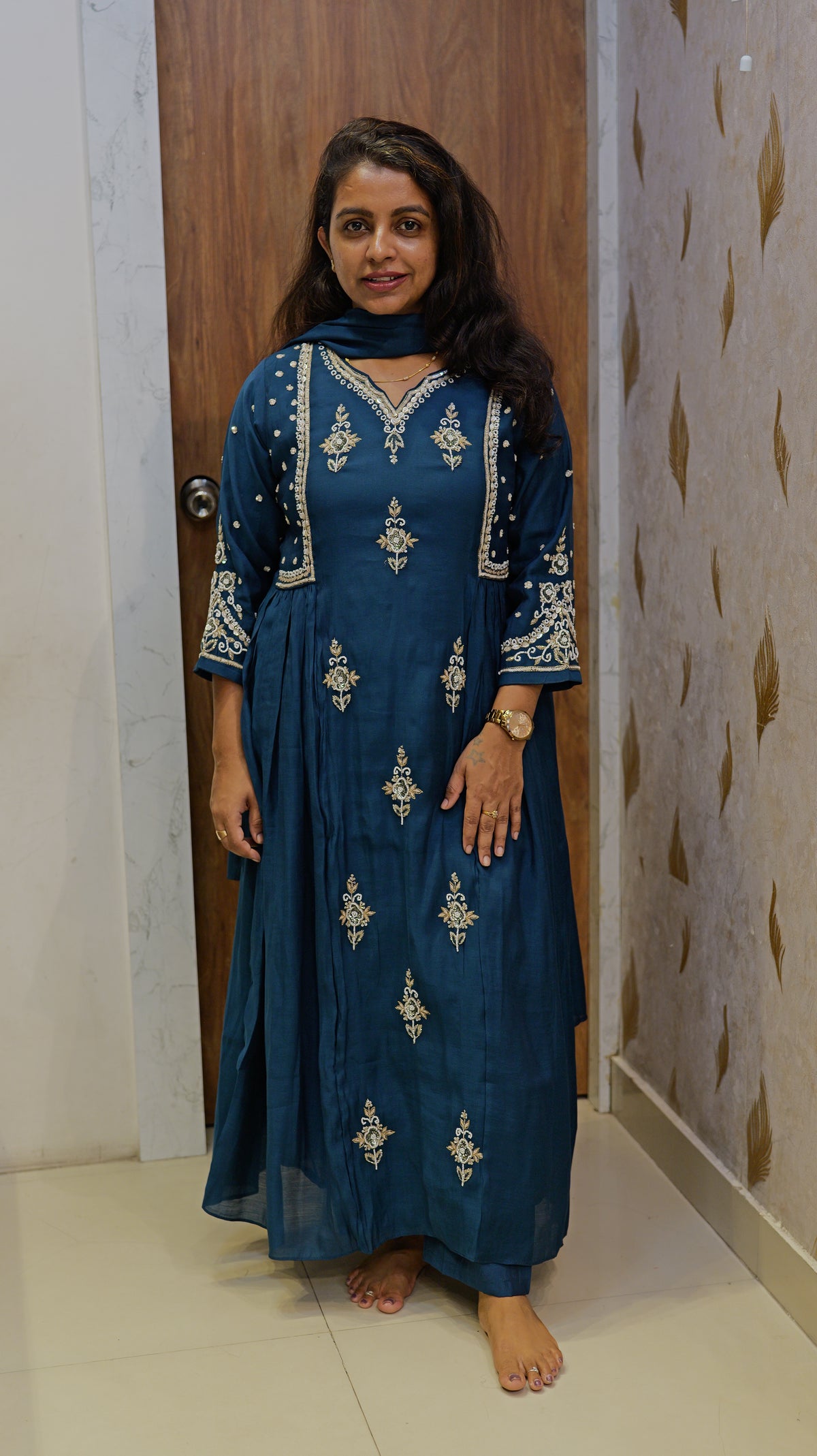 Blue Mul Chanderi Handwork A-line Kurti with Pant and Dupatta -HSC1296