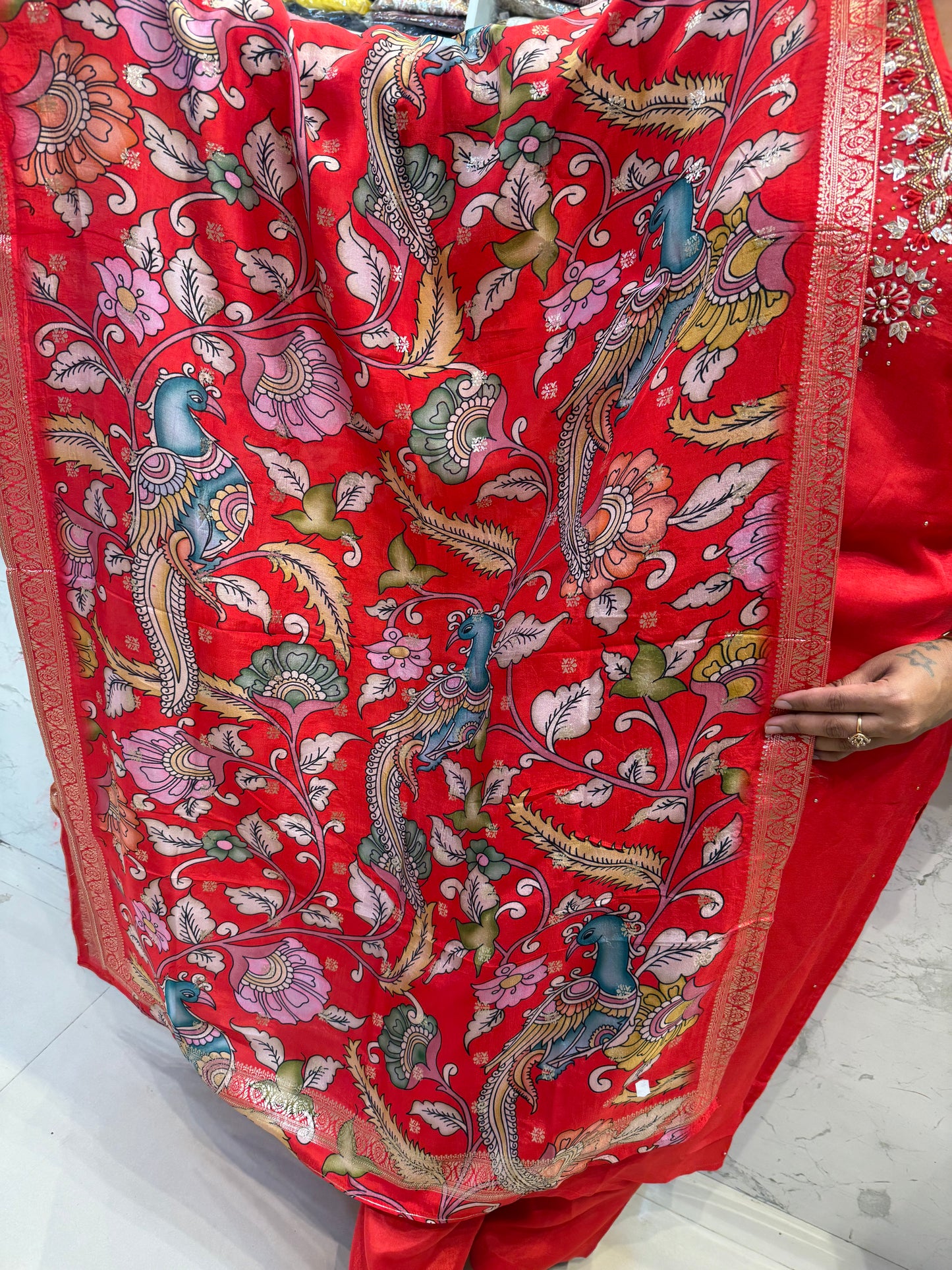 Red Dola Silk Printed Kalamkari Dupatta