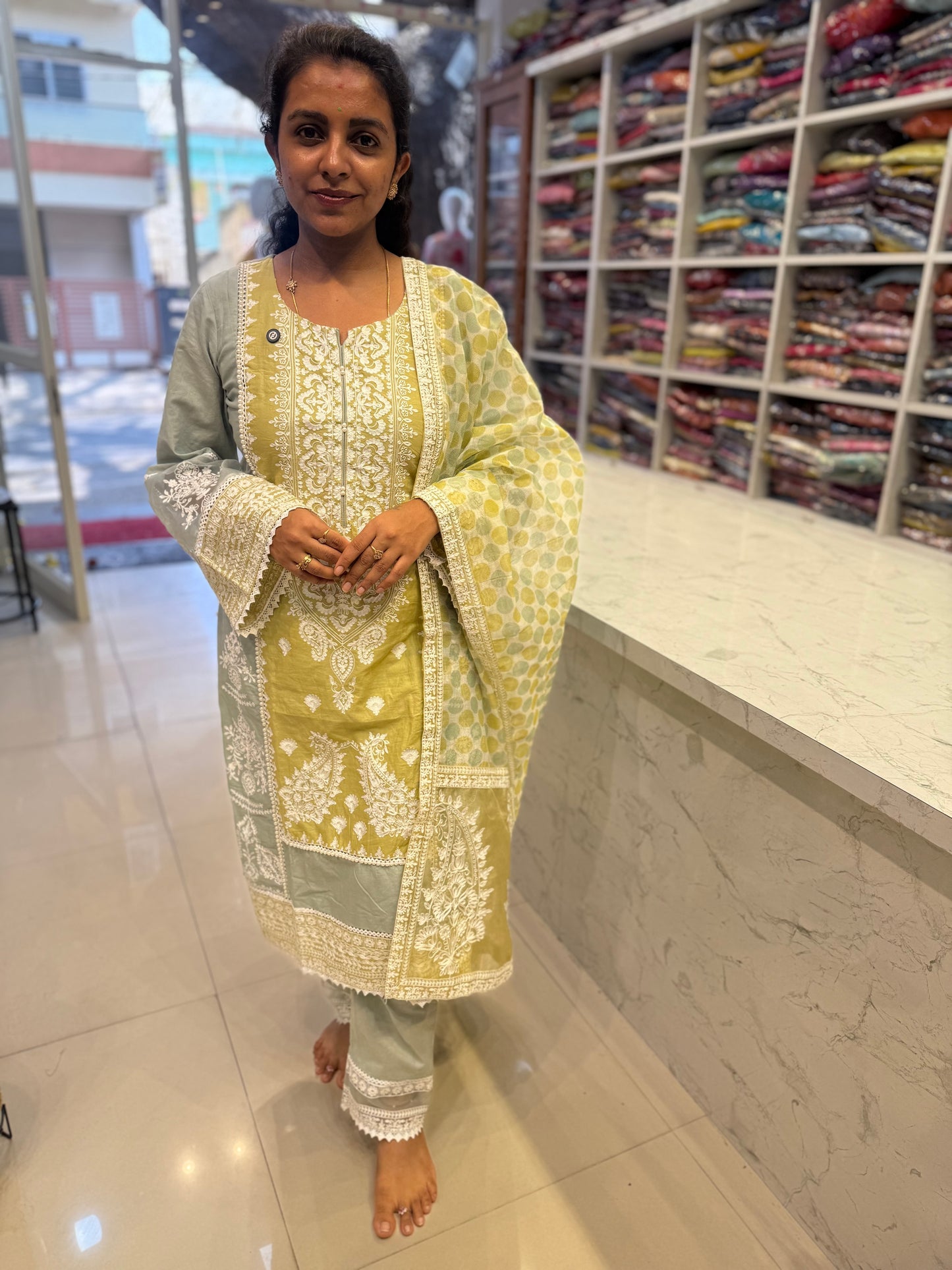 Pista Green work Embroidery Kurti With pant and Dupatta