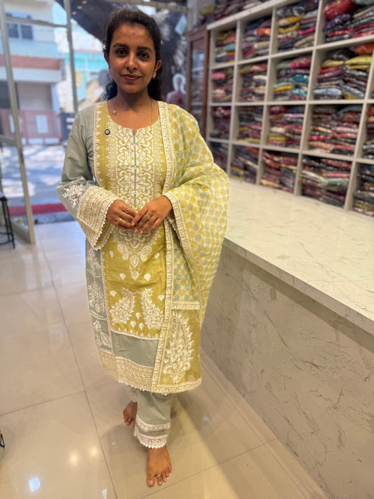 Pista Green work Embroidery Kurti With pant and Dupatta