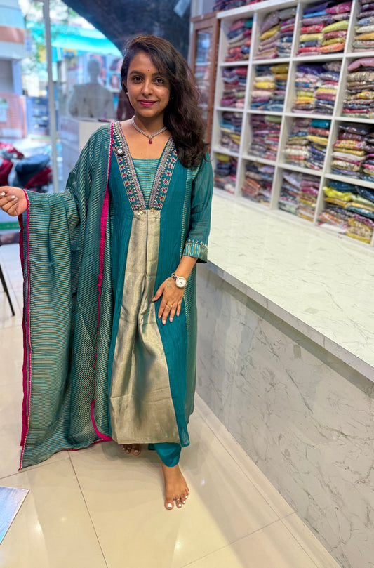Teal Green Pure Banarasi Mul Chanderi A-line Kurti With Pant and Dupatta-HSC168