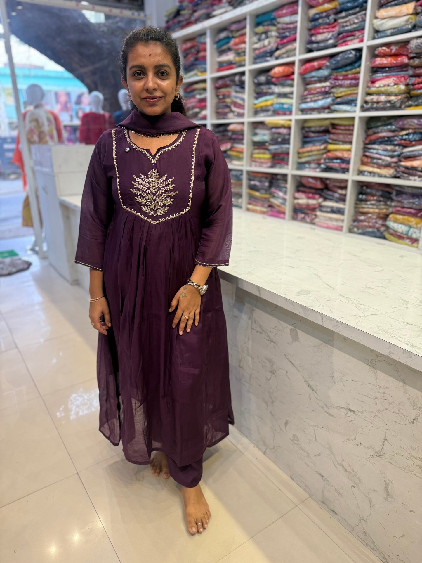 A-line Wine Pure Silk Kurti With Pant and Dupatta