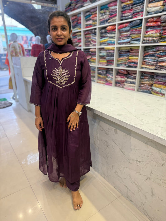 A-line Wine Pure Silk Kurti With Pant and Dupatta