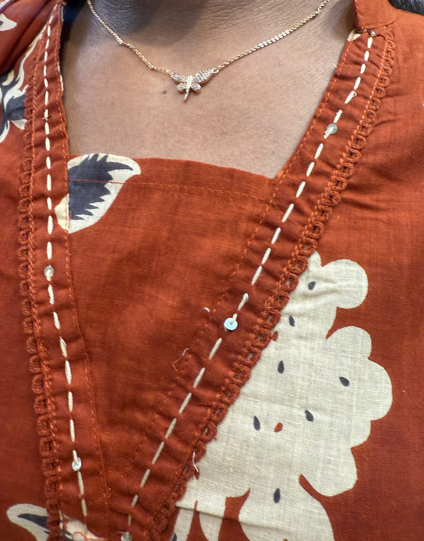 Rust Pure Cotton Kurti With Pant and Dupatta