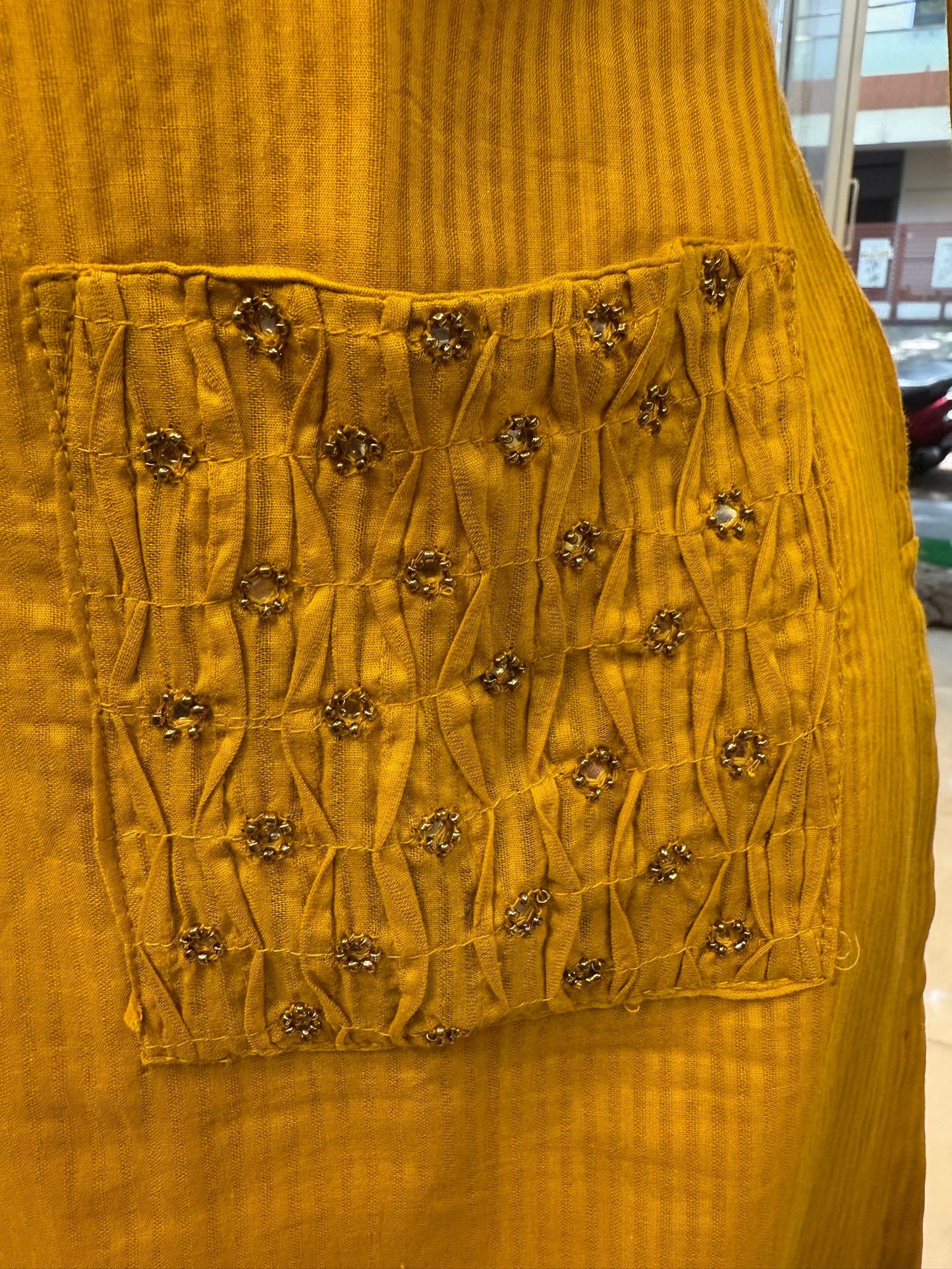 Mustard Two Pockets Hand Embroidery Pure Cotton Silly Kurti With Pant and Dupatta-HSC56