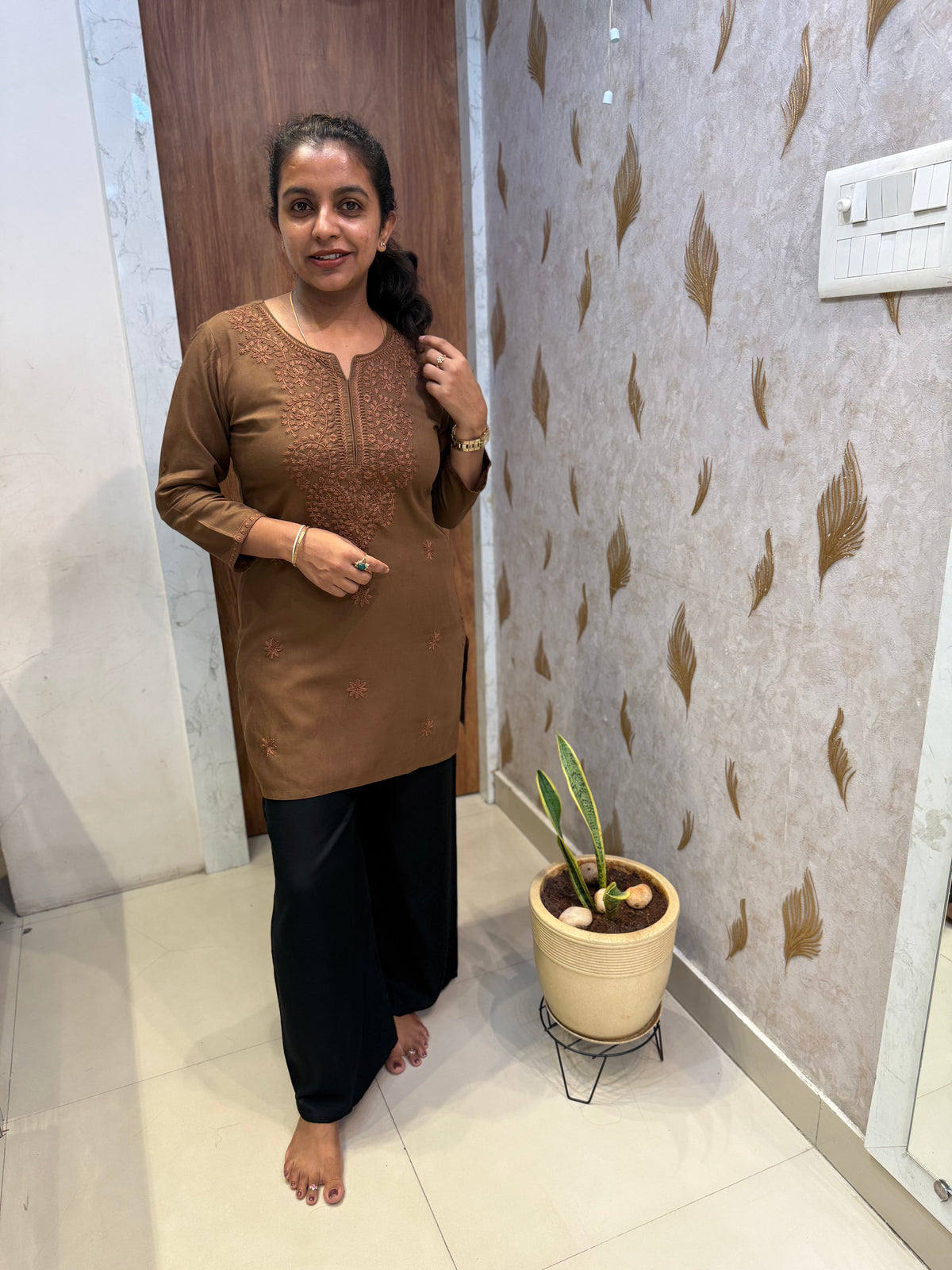 Brown Pure Rayon Chikankari Tunics Top -HSC1249
