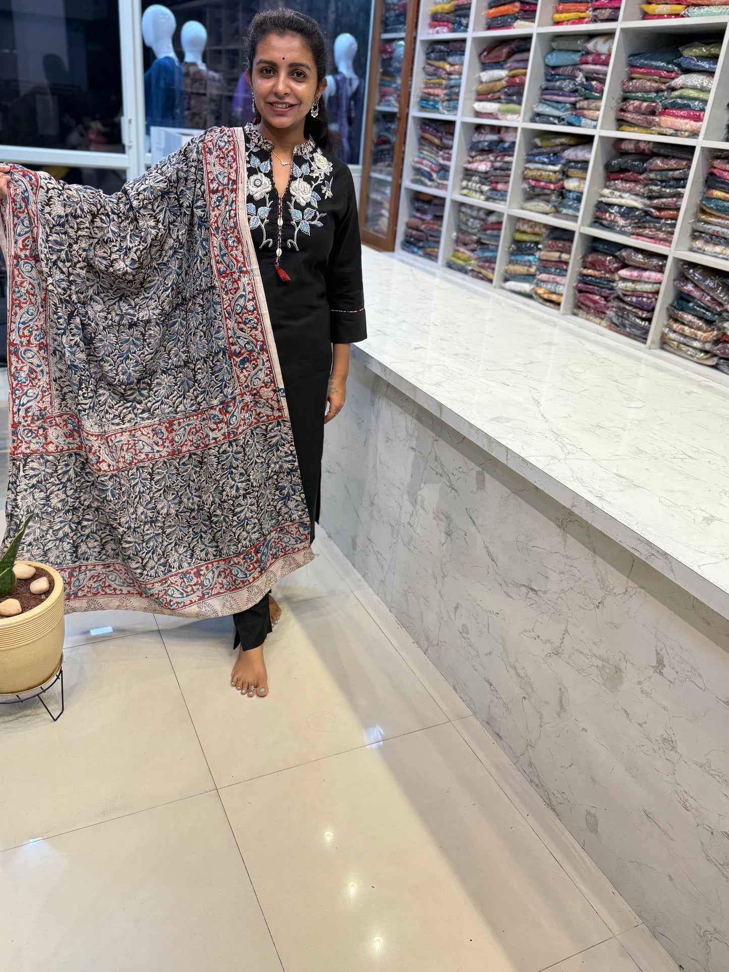 Black Kalamakari Pure Cotton Kurti with Pant and Dupatta