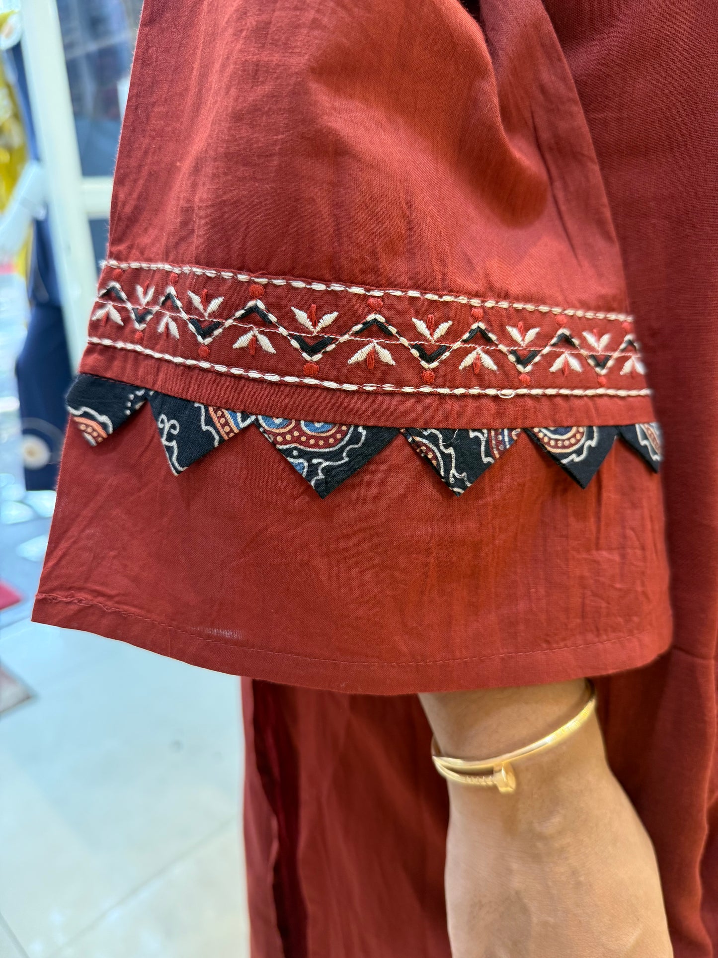 Brown Applique Work Pure Cotton Kurti With Pant and Dupatta-HSC130
