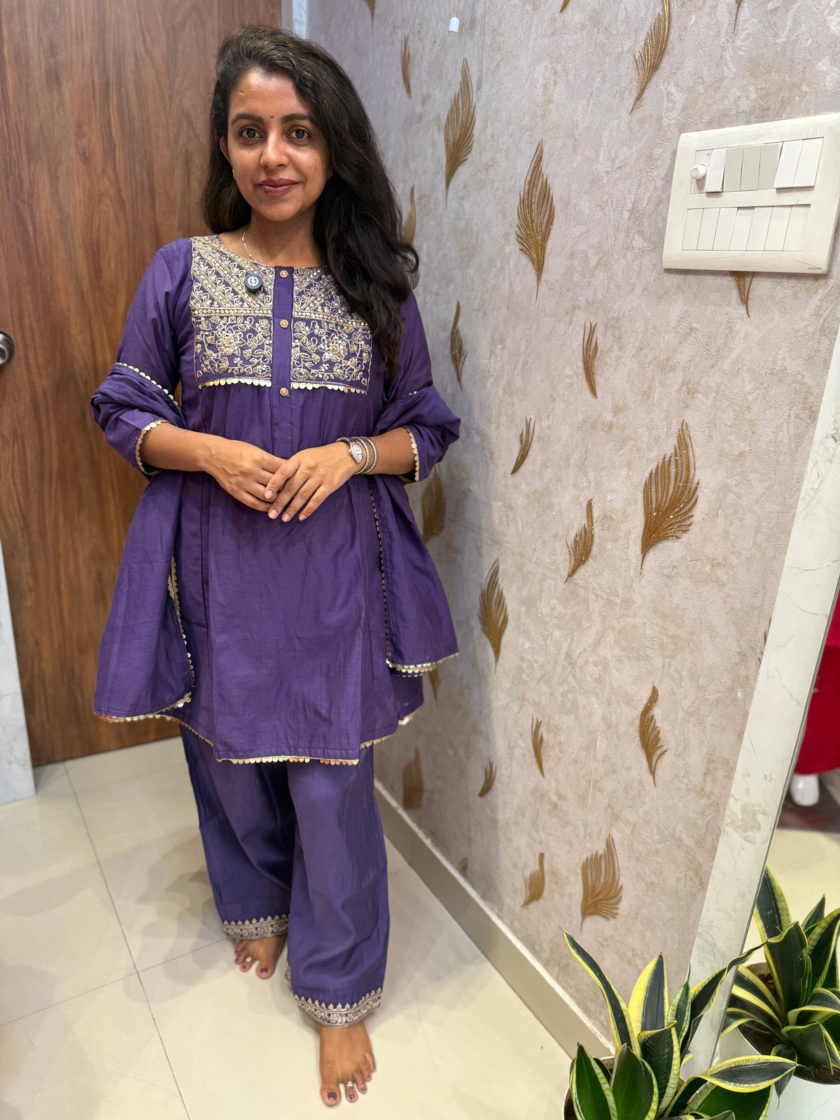 Purple Mul Chanderi Silk Embroidered Kurti With Plazoo Pant -HSC1298
