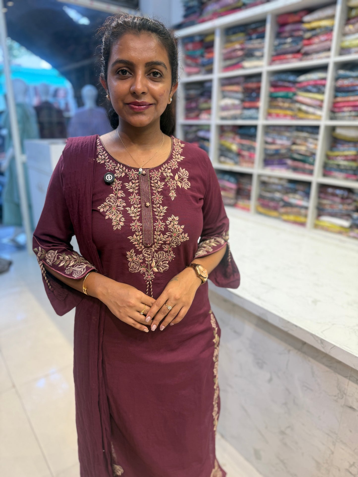 Dark Magenta Embroidery CutWork in Kurti With Pant and Dupatta-HSC155