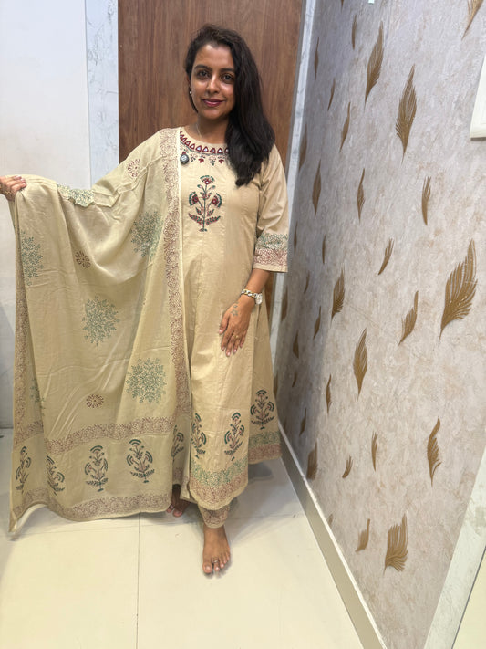 Beige Anarkali Block Printed Pure Cotton Embroidered A-line Kurti With Pant and Dupatta