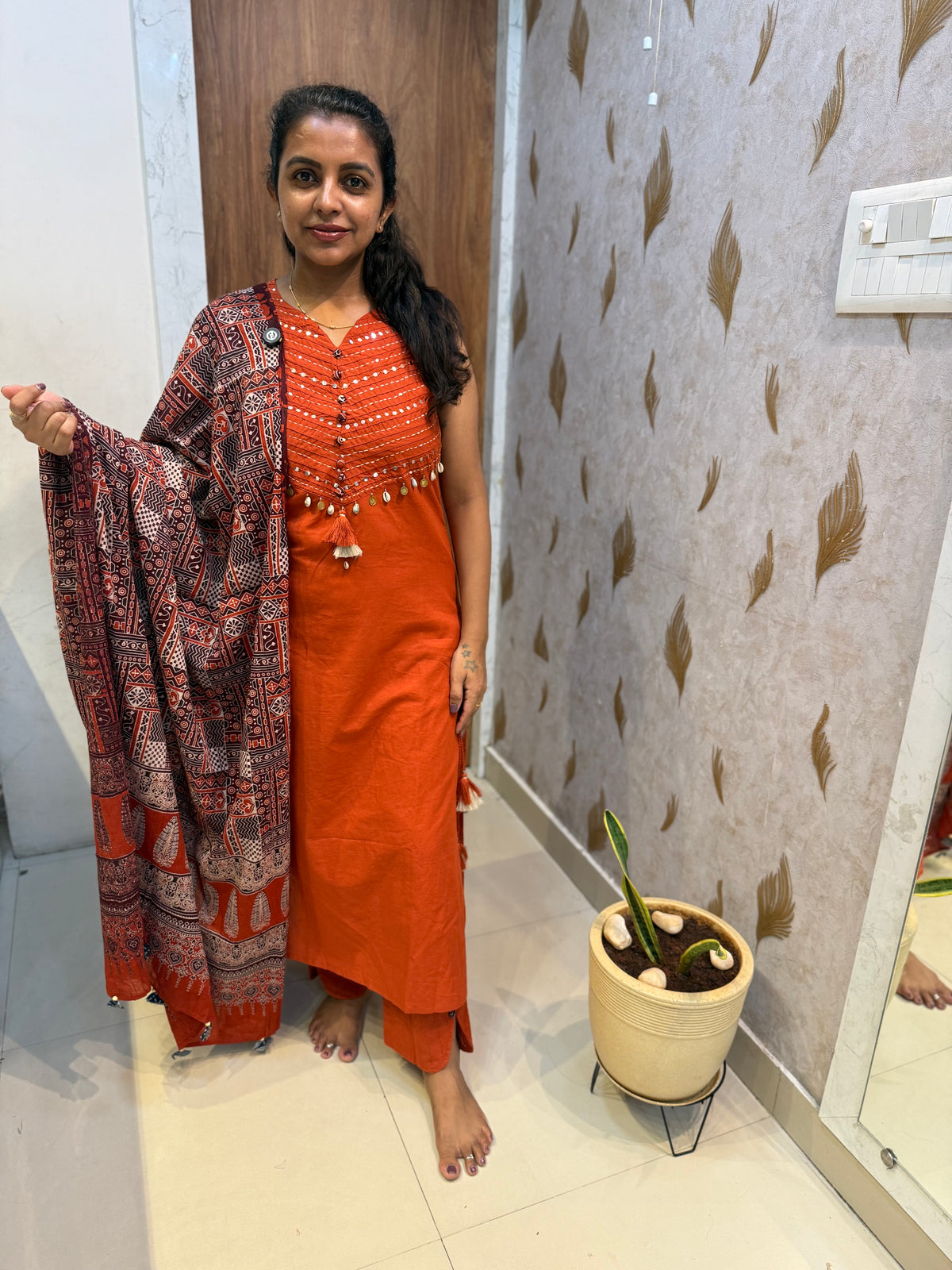 Rust Orange Embroidery Kurti With Pant and  Printed Dupatta -HSC1263