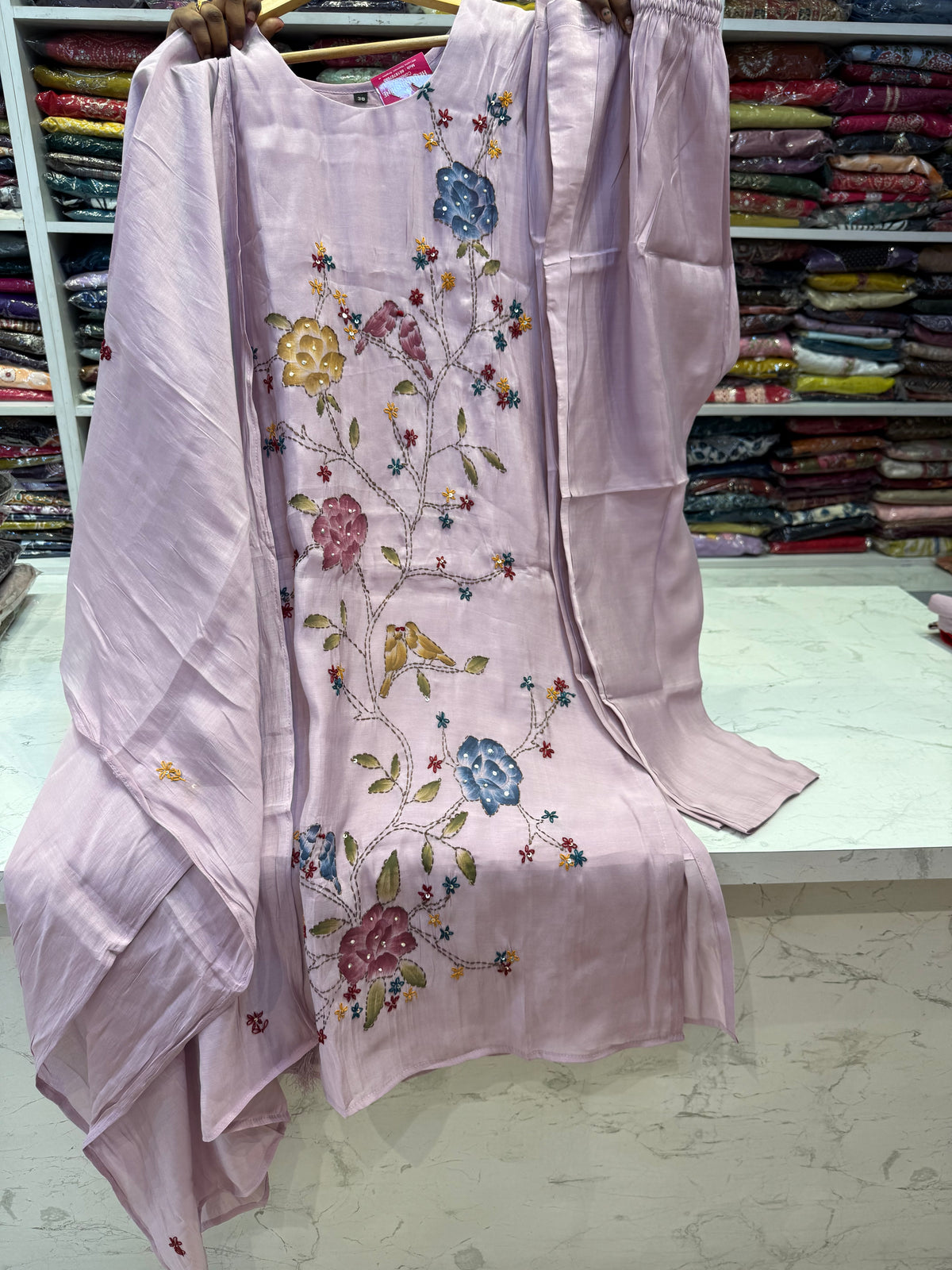 Brush Painted Lavender Hand Embroidery Pure Silk Kurti With Pant and Dupatta -HSC1240