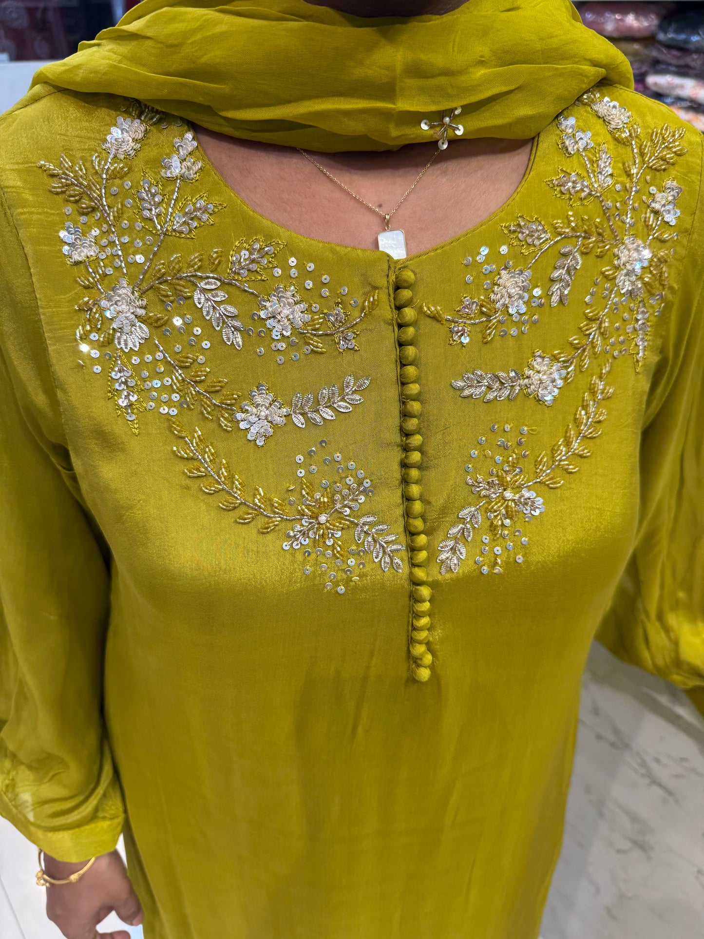 Green Pure Chinnon Handwork Kurti With Pant and Dupatta-HSC37