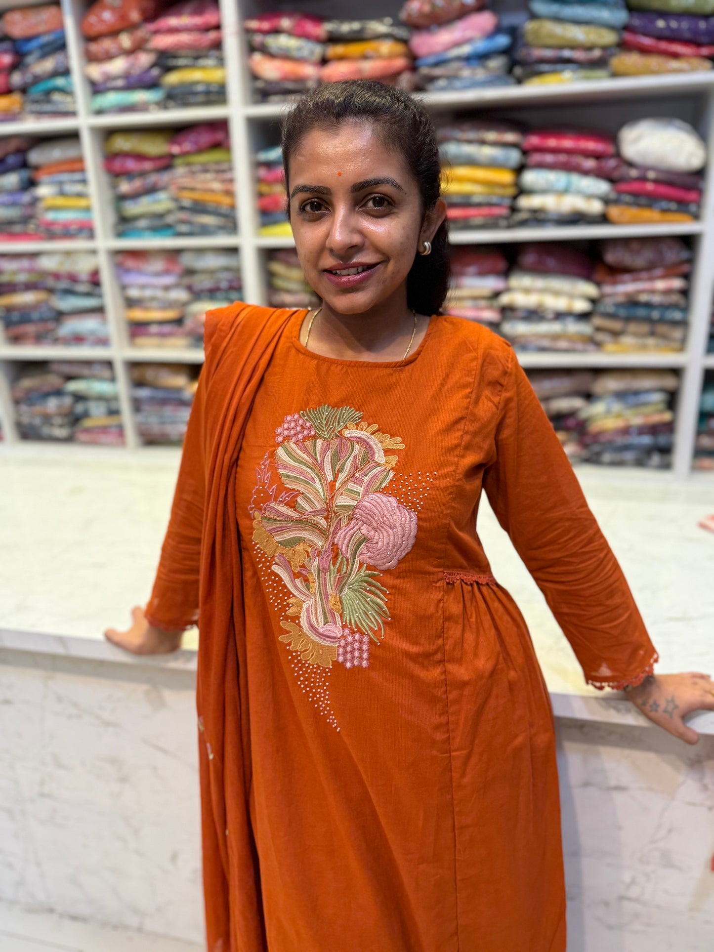 Rust Mul Cotton A- line Dress With Lace Detail