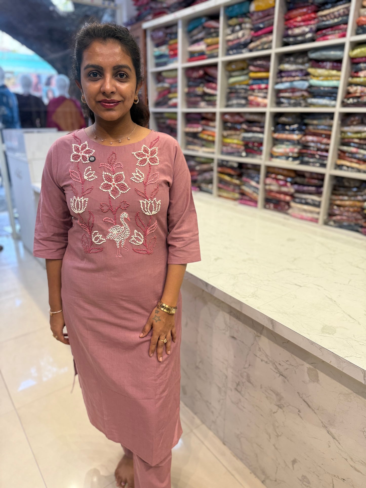 Thread Embroidery Knot Work Cotton Kurti With Pant