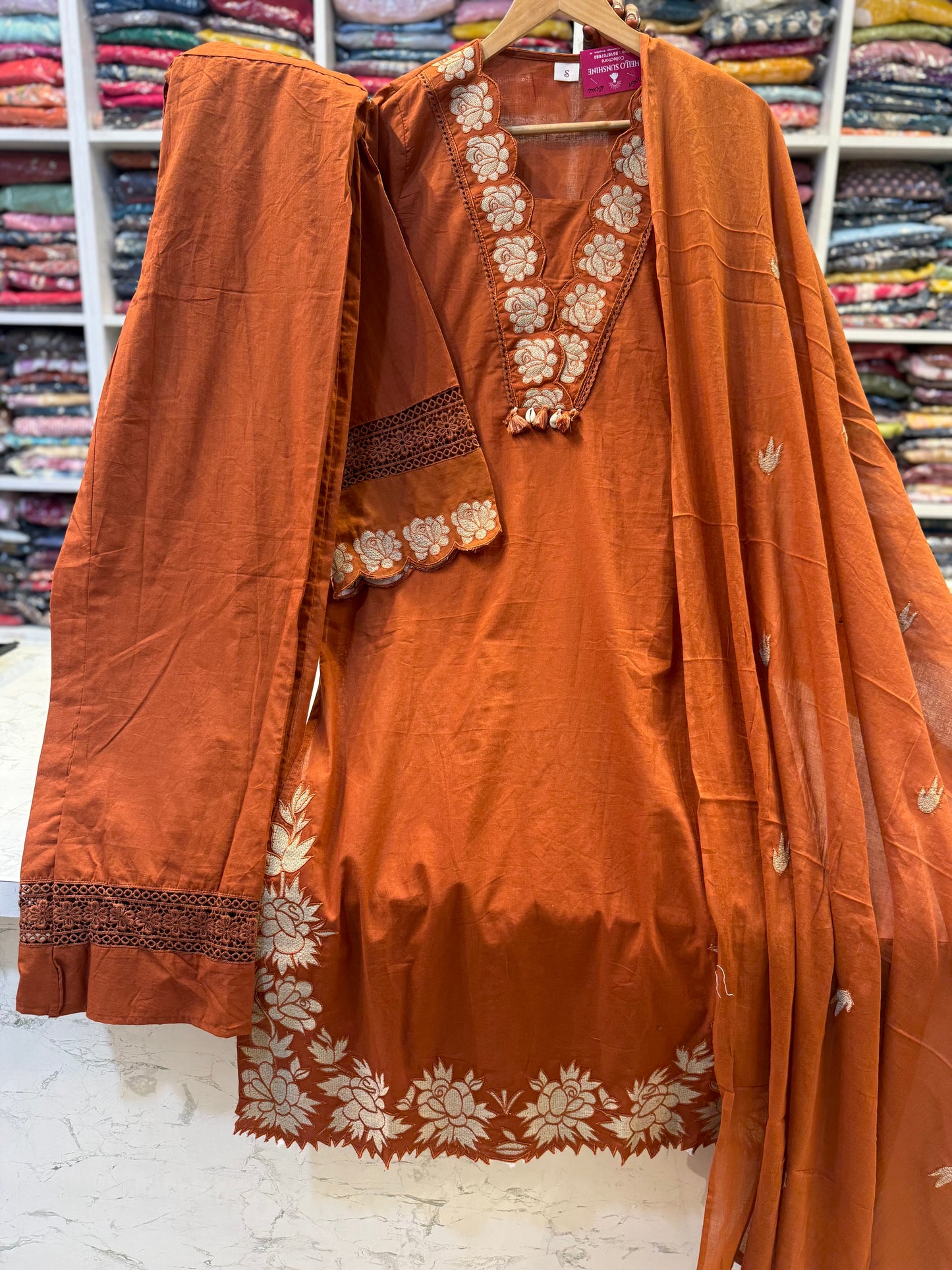 Scallop Cutwork Cotton Kurti With Pant And Dupatta