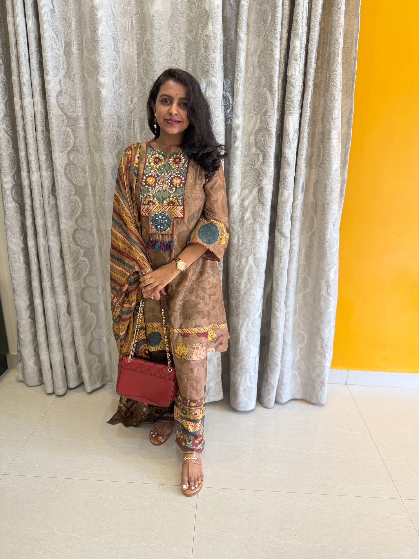 Pure Muslin Floral Printed Kurti With Pant and Dupatta
