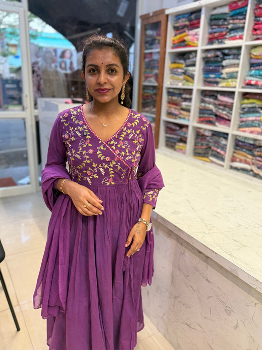 Purple Mul Cotton Anarkali Kurti with pant and Dupatta