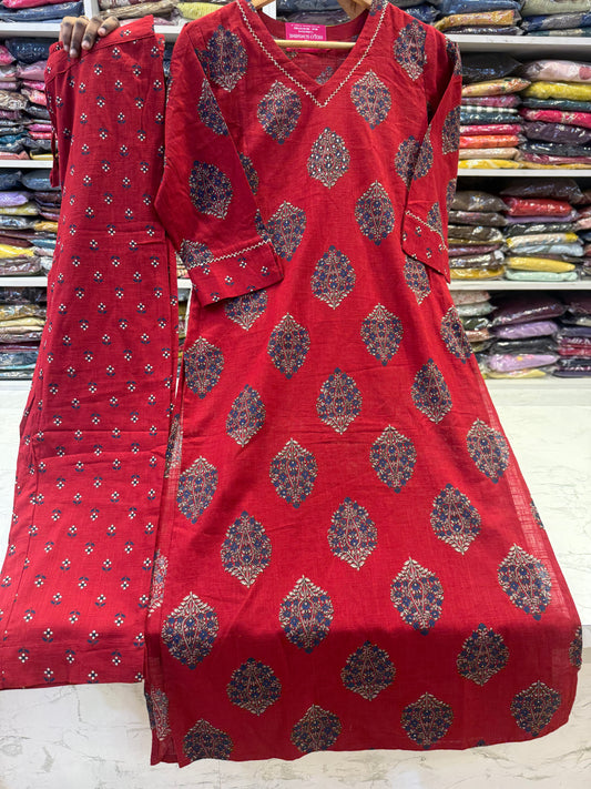 Marron Printed Pure Cotton Kurti With Pant -HSC1217